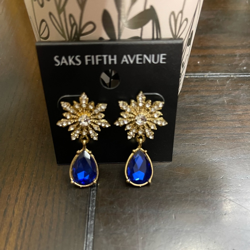 Saks Fifth Avenue Gold Floral Earrings with Blue Drops